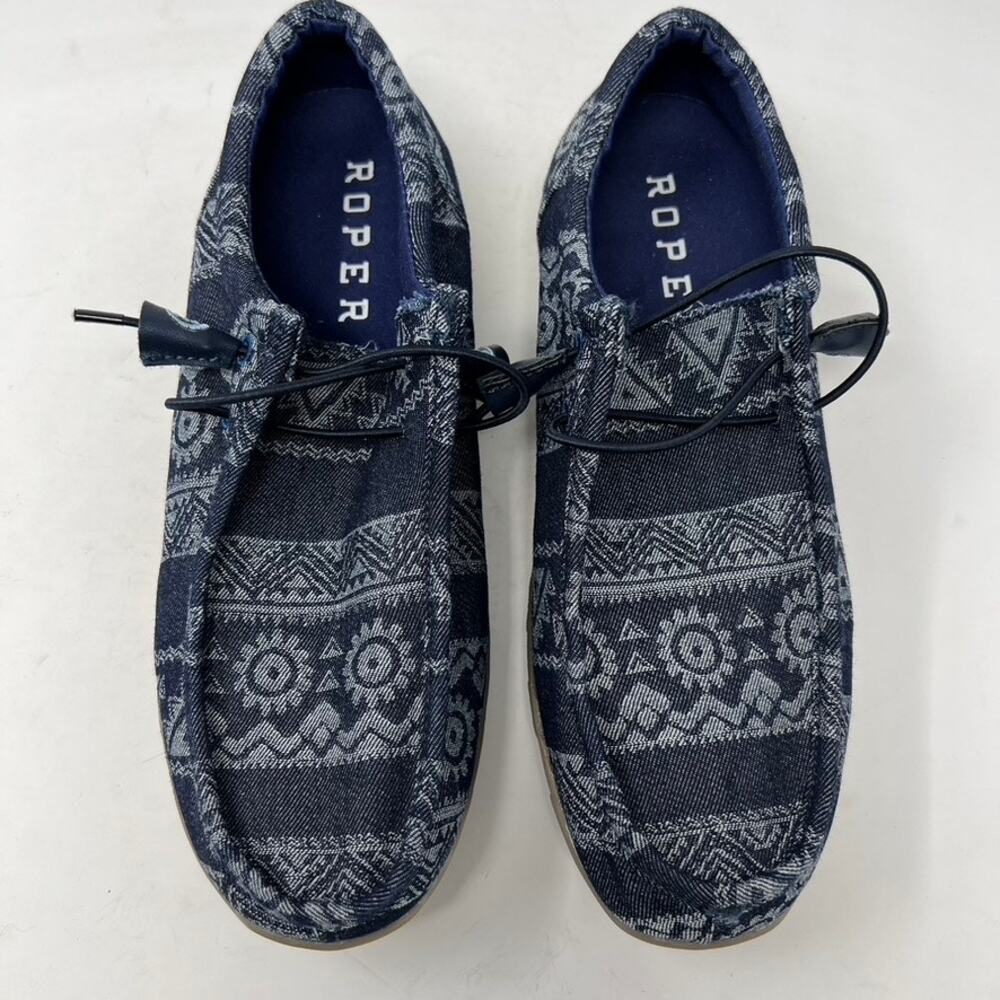 Roper Chillin Navy Aztec Southwestern Tribal Canvas Moc Toe Womens Shoes 6.5 - Picture 2 of 9